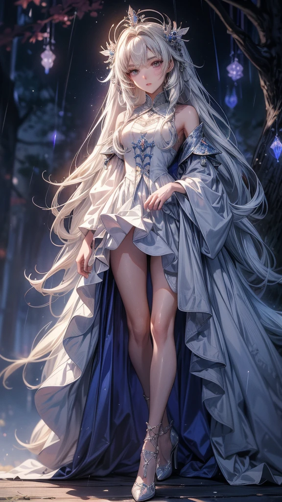 Vividly drawn, ultra-detailed trendy anime character from South Korea, a mysterious woman with a hooded modern white coat adorned with elegant buttons and a flowing white cloak. She wears strikingly high white over-the-knee heels and pristine white gloves. Beneath her large sleeves, a hidden small secret blade is revealed, emerging discreetly from her wrist. She stands in a medieval South Korean village in the summer, at night, under the rain. She is walking gracefully on a high branch of a tree above a deep void. The scene is rich with intricate detail, featuring incredible texture and depth. Masterfully crafted, with HDR and UHD quality, rendered with Unreal Engine. Her face is beautifully detailed, and the overall image is of the highest quality, captivating and gorgeous. Stunning shadows and meticulously detailed lines contribute to the super detailed, breathtaking 8k masterpiece,anime photorealistique 