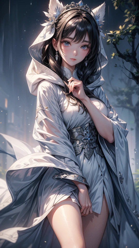 Vividly drawn, ultra-detailed trendy anime character from South Korea, a mysterious woman with a hooded modern white coat adorned with elegant buttons and a flowing white cloak. She wears strikingly high white over-the-knee heels and pristine white gloves. Beneath her large sleeves, a hidden small secret blade is revealed, emerging discreetly from her wrist. She stands in a medieval South Korean village in the summer, at night, under the rain. She is walking gracefully on a high branch of a tree above a deep void. The scene is rich with intricate detail, featuring incredible texture and depth. Masterfully crafted, with HDR and UHD quality, rendered with Unreal Engine. Her face is beautifully detailed, and the overall image is of the highest quality, captivating and gorgeous. Stunning shadows and meticulously detailed lines contribute to the super detailed, breathtaking 8k masterpiece,anime photorealistique