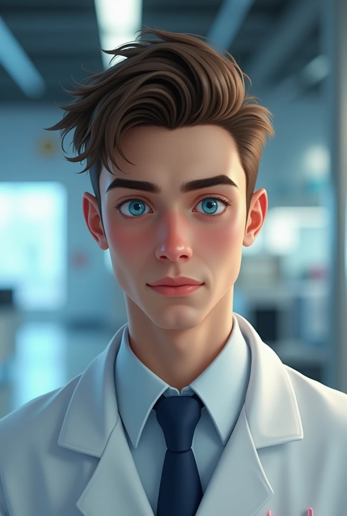 (photorealism:1.2), Male Scientist about 16 years old, Brown hair, blue eyes, hair falling to the sides, shaved, dressed like from the 40's