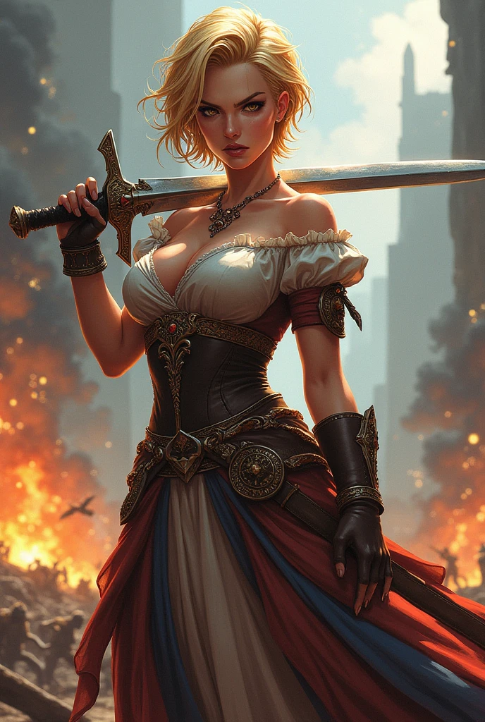 Create an Image of a blonde woman with short hair in anime style with an angry face 1.80 meters in medieval clothing with a large bust and holding a large sword resting on her shoulder on a battlefield