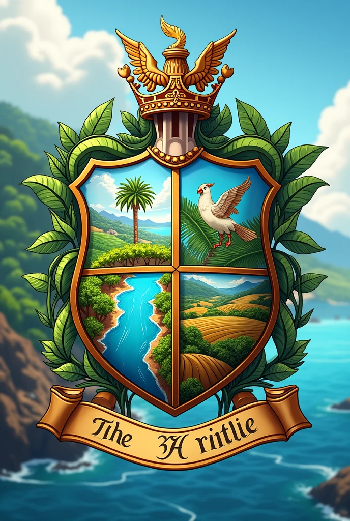 Coat of arms of a flag in the shape of a shield, with river,Pisces, bird, palm tree, banana tree and farms. With a stripe underneath, to write something!