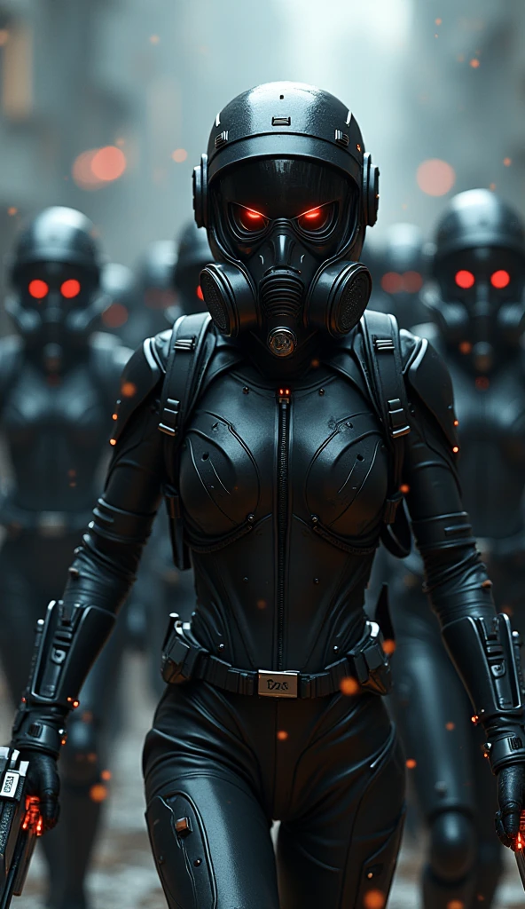 (Highest quality), future, (((Lots of girls))), black exoskeleton suit with backpack, Led, Gas mask with angry gargle, holding blade, mechanical, Digital Sculpture, 超High resolution, Absurd, Deep shine effect, High resolution, Particles of light, Cinema Lighting, Depth of written boundary, Troopers,