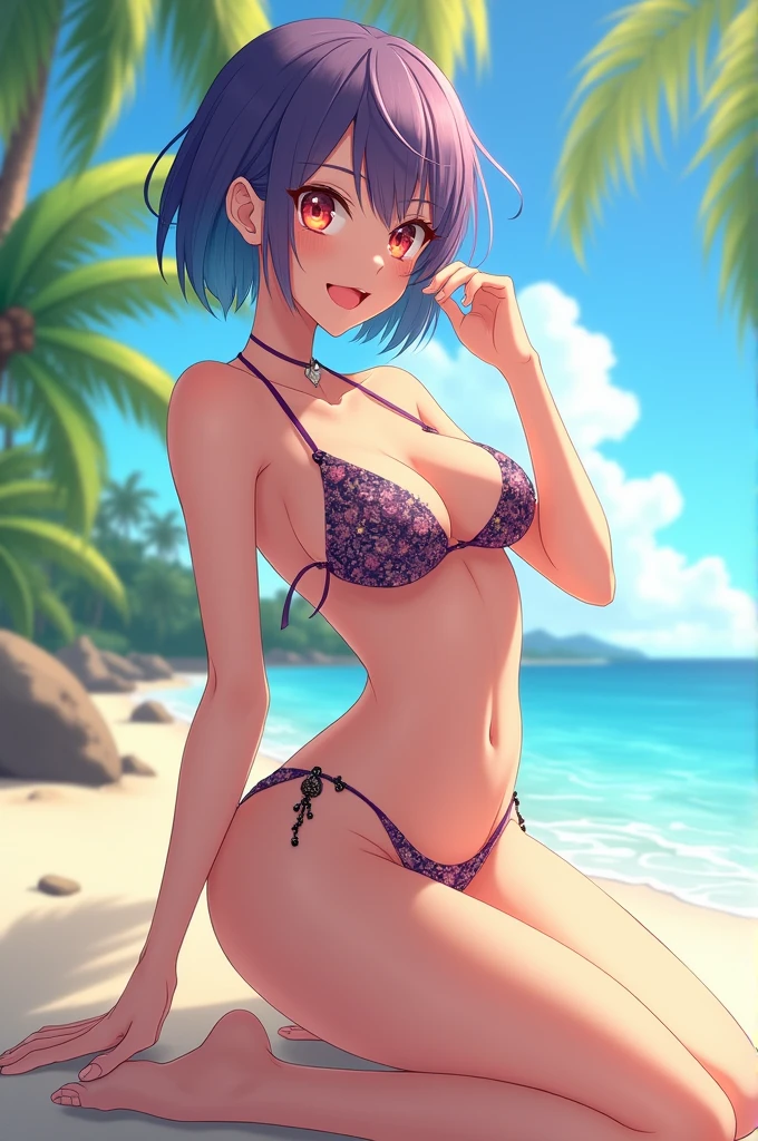An anime girl showing her bikini and butt to the camera