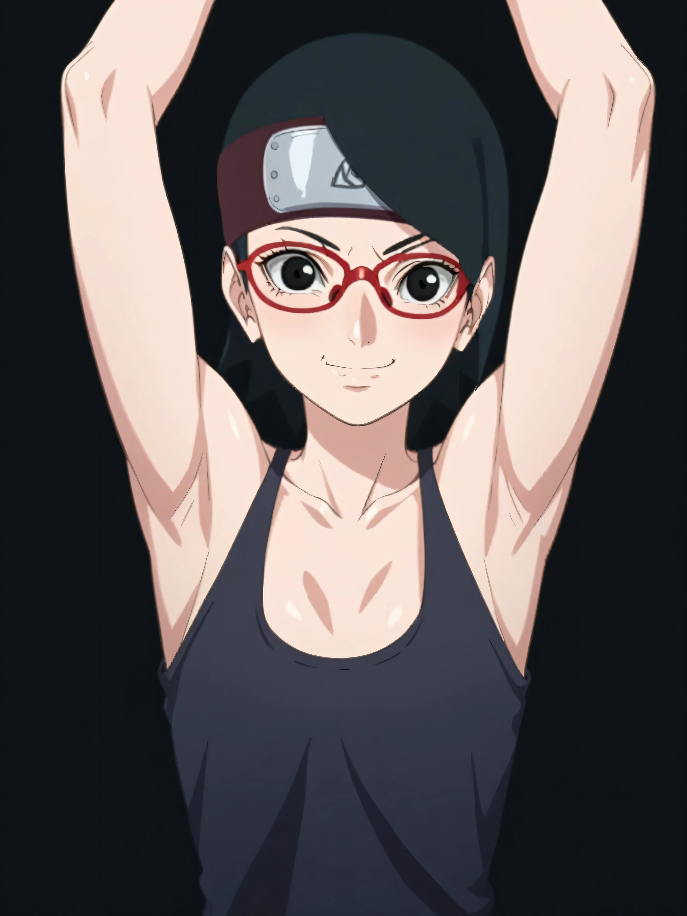 score_9, score_8_up, score_7_up, source_anime, sarada uchiha, short hair, black hair, black eyes, red-framed eyewear, glasses, swept bangs, looking at viewer, eye contact with viewer, smile, (smug:0.8), closed mouth, light blush, bare shoulders, bare arms, collarbone, tank top, black tank top, black background, arms up, raised arms, arms behind head, armpits