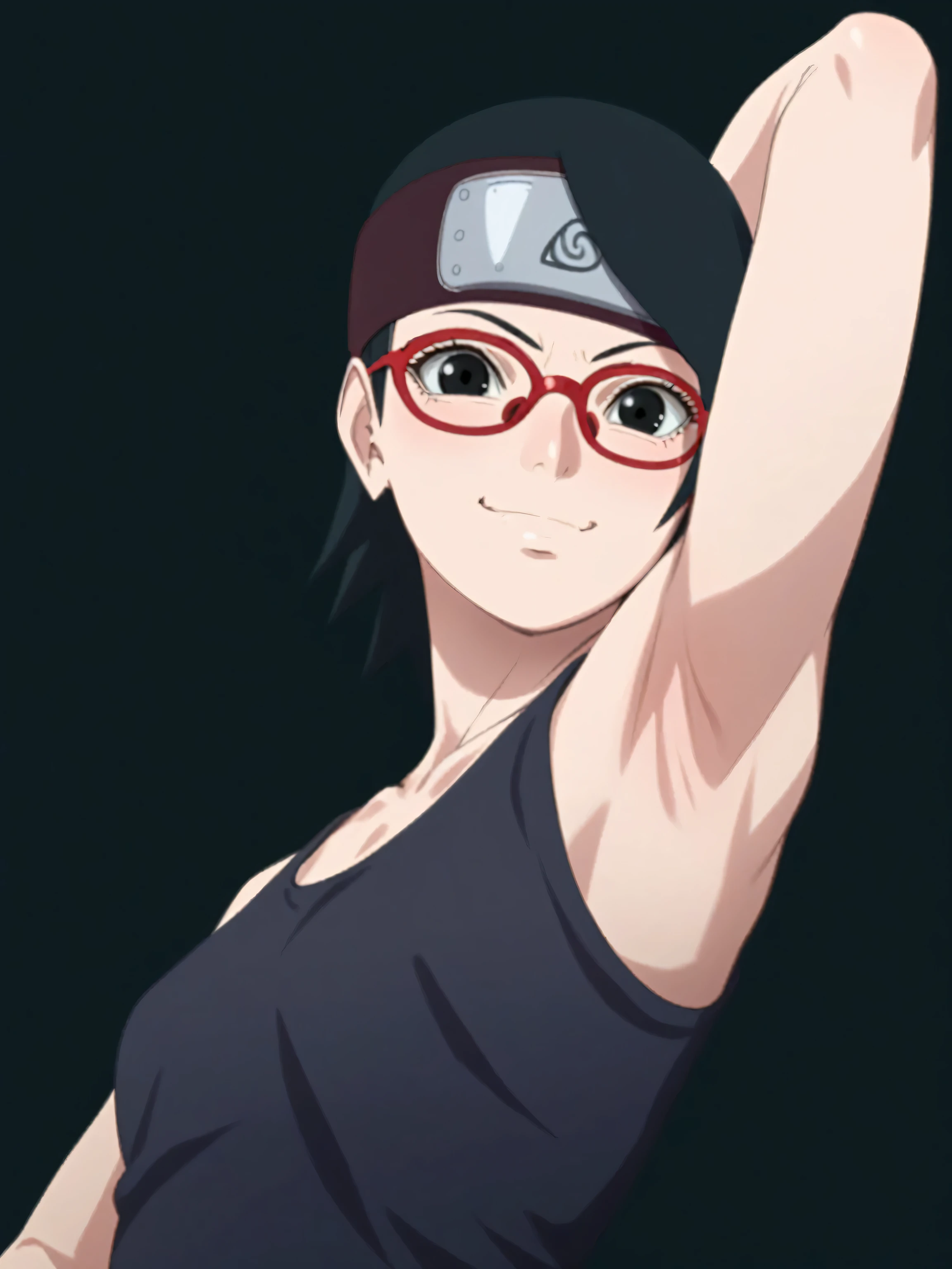 score_9, score_8_up, score_7_up, source_anime, sarada uchiha, short hair, black hair, black eyes, red-framed eyewear, glasses, swept bangs, looking at viewer, eye contact with viewer, smile, (smug:0.8), closed mouth, light blush, bare shoulders, bare arms, collarbone, tank top, black tank top, black background, arm up, raised arm, (arm behind head:1.2), armpit, from side, from below, small breasts, forehead protector 