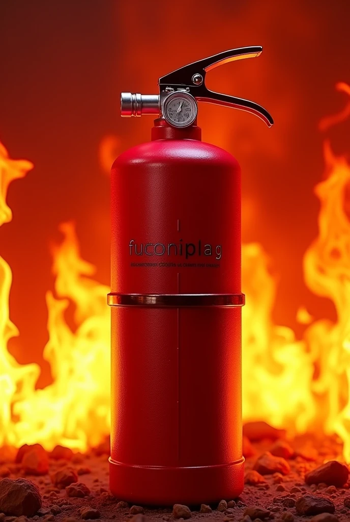 Red fire extinguisher with fire background, in the center that says fuconplag
