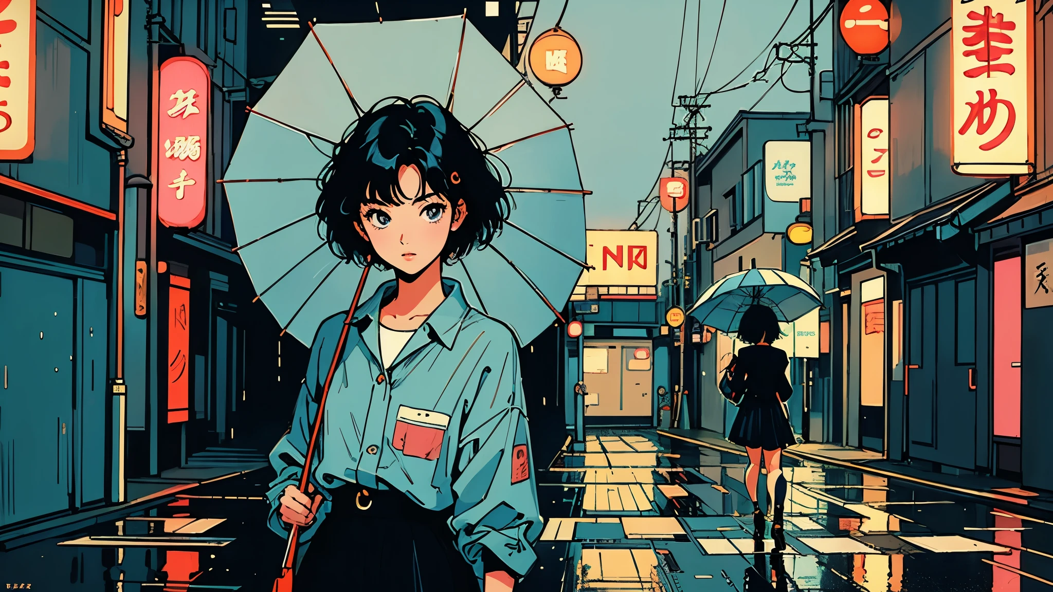 masterpiece, Highest quality, one girl walking down a rainy Tokyo street, short hair,holding an umbrella, with neon signs reflecting on the wet pavement, lyco art, a manga drawing, by Satoshi Kon, lofi hip hop, wlop : :, ukiyo, ukiyo-style, yukito kishiro.one girl.