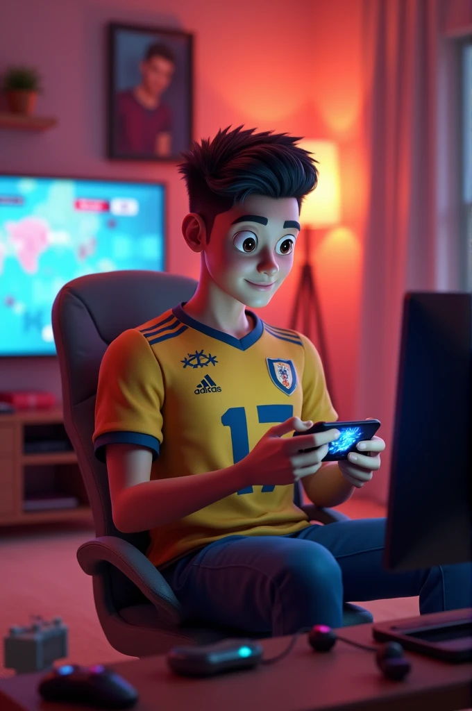 create 3D animation character 20 Year oid bay is playing puba Mobile Game Mobile in gaming room. wearing a Jersey number 17 Name "Sulaiman written on his jersey