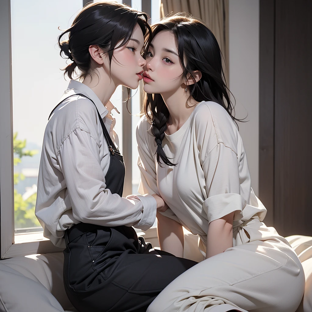 Anime image of two girls kissing in front of the window, Kiss cutely, Two beautiful anime girls, Official artwork, Guweiz and Makoto Shinkai, high detailed Official artwork, sakimichan and makoto shinkai, Kissing together, ( ( By Shinkai Makoto ) ), Kyoto Animation stills, Smooth anime CG art
