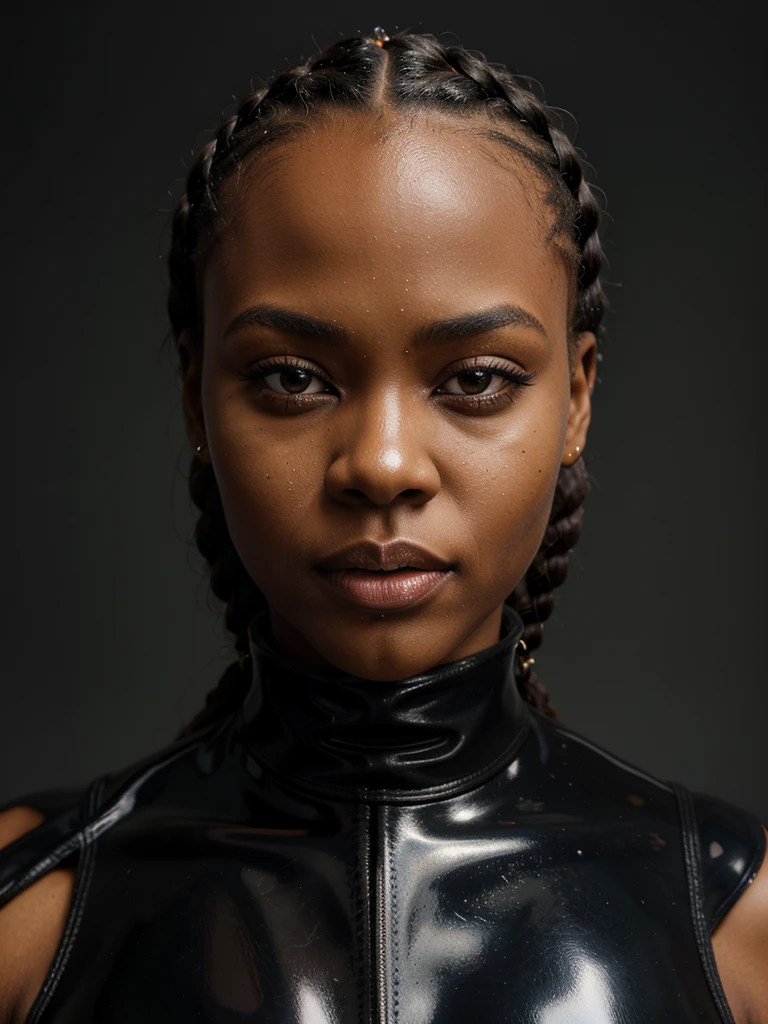 congolese girl, (very young, adolescent), (braided hair, very small breasts, very skinny, nose ring, tatoos, fearful, scared), (black latex bodysuit, choker), (close shot, face shot, intimate camera, realistic, photorealistic)