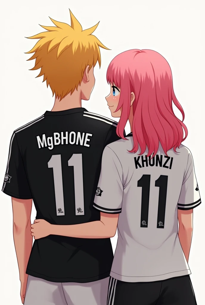 Football couple.And show their back of jersey and color is Black and white.Boy with yellow hair and his name is MgBhone And Girl with Pink hair and her name is KhunZi.Both of them No. is 11