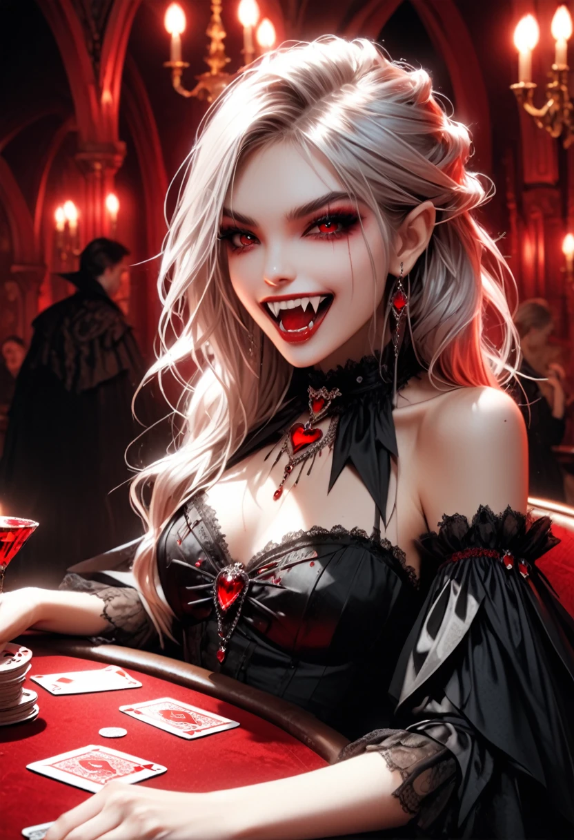 a portrait of a vampire playing poker game of cards, holding cards ((cards not shown:1.5)) the cards are dripping blood, an exquisite beautiful vampire, goth vampire, ((dynamic hair color: 1.5)), white pale skin, some blood veins are seen on the skin, red lips, red eyes, glowing eyes, wearing goth dress, silk dress, there are diamonds on the dress, earing a choker studded with a red diamond, ((vampire fangs:1.5)), she sits near a poker table in a dark fantasy room, there is a playing table, torch light,  vibrant, Ultra-high resolution, High Contrast, (masterpiece:1.5), highest quality, Best aesthetics), best details, best quality, highres, ultra wide angle, 16k, [ultra detailed], masterpiece, best quality, (extremely detailed: 1.5), vampire fangs, NRART, dripping blood