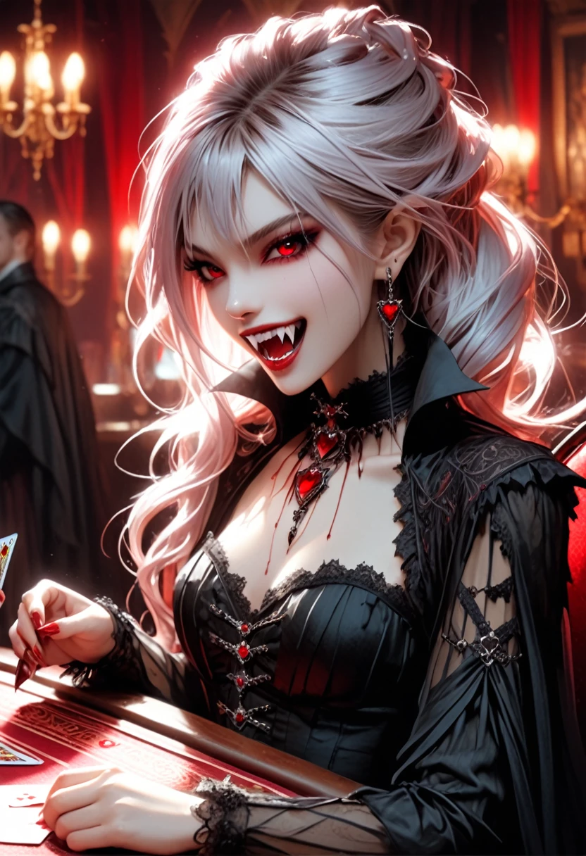 a portrait of a vampire playing poker game of cards, holding cards ((cards not shown:1.5)) the cards are dripping blood, an exquisite beautiful vampire, goth vampire, ((dynamic hair color: 1.5)), white pale skin, some blood veins are seen on the skin, red lips, red eyes, glowing eyes, wearing goth dress, silk dress, there are diamonds on the dress, earing a choker studded with a red diamond, ((vampire fangs:1.5)), she sits near a poker table in a dark fantasy room, there is a playing table, torch light,  vibrant, Ultra-high resolution, High Contrast, (masterpiece:1.5), highest quality, Best aesthetics), best details, best quality, highres, ultra wide angle, 16k, [ultra detailed], masterpiece, best quality, (extremely detailed: 1.5), vampire fangs, NRART, dripping blood