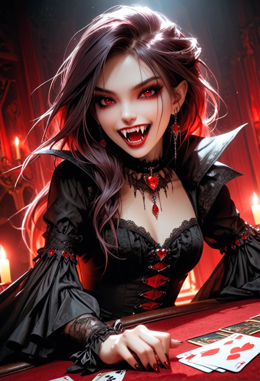 a portrait of a vampire playing poker game of cards, holding cards ((cards not shown:1.5)) the cards are dripping blood, an exquisite beautiful vampire, goth vampire, ((dynamic hair color: 1.5)), white pale skin, some blood veins are seen on the skin, red lips, red eyes, glowing eyes, wearing goth dress, silk dress, there are diamonds on the dress, earing a choker studded with a red diamond, ((vampire fangs:1.5)), she sits near a poker table in a dark fantasy room, there is a playing table, torch light,  vibrant, Ultra-high resolution, High Contrast, (masterpiece:1.5), highest quality, Best aesthetics), best details, best quality, highres, ultra wide angle, 16k, [ultra detailed], masterpiece, best quality, (extremely detailed: 1.5), vampire fangs, NRART, dripping blood