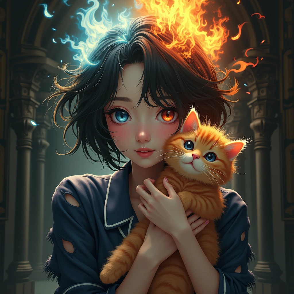 front side of a asian woman, mullet hair,wear navy torn pajamas , creates and destroys hands, one eye shedding tears of beauty and light, the other crying flames that incinerate and consume, representing the dual forces of creation and destruction. Settings: Ultra-detailed , realistic photography, concept art, dynamic movement pose ,hug a chubby orange cat ,dark gothic architecture bg