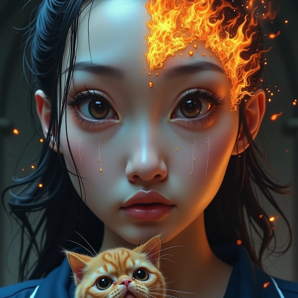 front side of a asian woman, mullet hair,wear navy torn pajamas , creates and destroys hands, one eye shedding tears of beauty and light, the other crying flames that incinerate and consume, representing the dual forces of creation and destruction. Settings: Ultra-detailed , realistic photography, concept art, dynamic movement pose ,hug a chubby orange cat ,dark gothic architecture bg