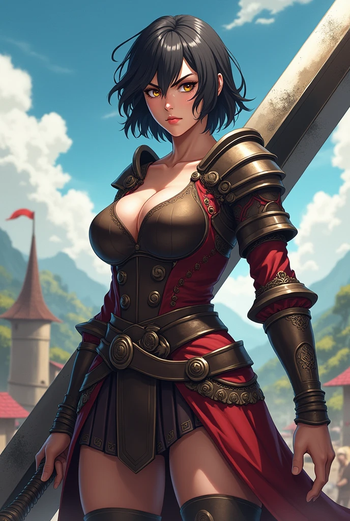 Create an Image of a woman with short black hair in anime style with an angry face 1.80 meters in medieval clothing with a large bust and holding a large sword larger than her resting on her shoulder on a battlefield