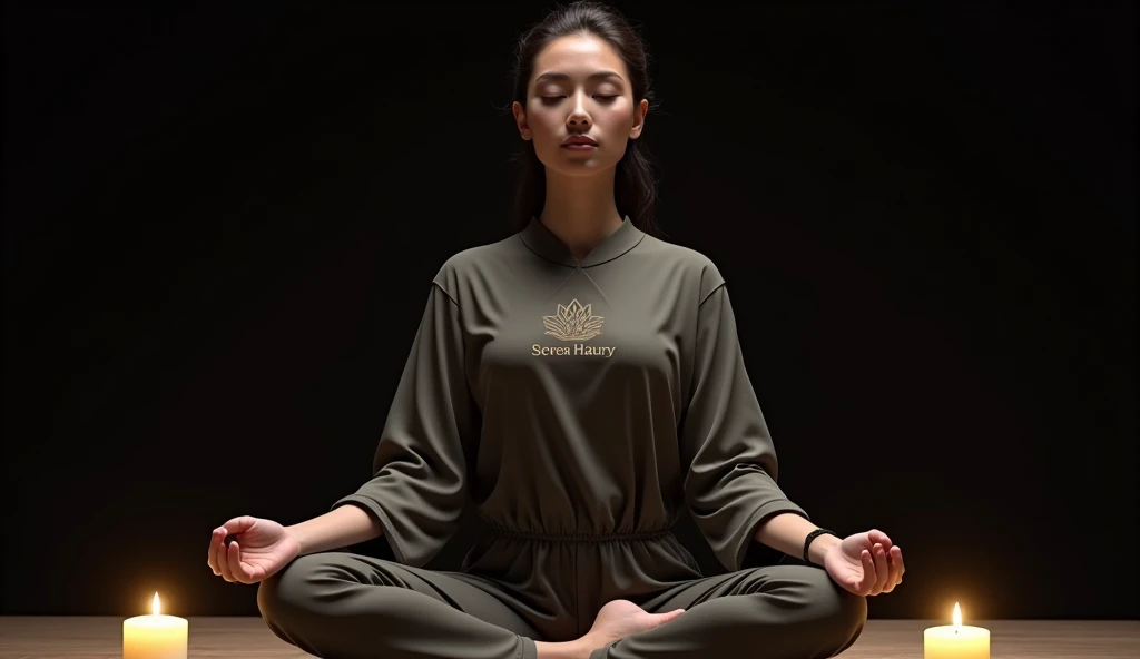 A UHD, high-resolution image of a woman in a meditative yoga pose, sitting in the lotus position (Padmasana) with a serene, focused expression. She is wearing traditional meditation attire with the logo 'Serene Sanctuary' subtly displayed on the garment. The scene features highly detailed, textured skin with accurate, super-detailed rendering, ensuring the highest quality and realism. Her hands are clearly visible, placed on her knees in a meditative gesture. The background is deep black, with soft candlelight subtly illuminating the scene from behind. The overall composition exudes calm and introspection, inspired by Zen meditation and the Hindu stages of meditation, with a style reminiscent of Matija Jama's tranquil and stoic artistic approach