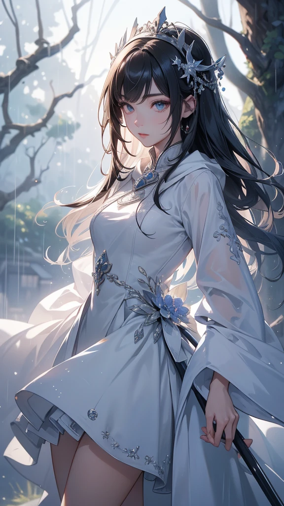 Vividly drawn, ultra-detailed trendy anime character from South Korea, a mysterious woman with a hooded modern white coat adorned with elegant buttons and a flowing white cloak. She wears strikingly high white over-the-knee heels and pristine white gloves. Beneath her large sleeves, a hidden small secret blade is revealed, emerging discreetly from her wrist. She stands in a medieval South Korean village in the summer, at night, under the rain. She is walking gracefully on a high branch of a tree above a deep void,
slit the throat of a person . The scene is rich with intricate detail, featuring incredible texture and depth. Masterfully crafted, with HDR and UHD quality, rendered with Unreal Engine. Her face is beautifully detailed, and the overall image is of the highest quality, captivating and gorgeous. Stunning shadows and meticulously detailed lines contribute to the super detailed, breathtaking 8k masterpiece,anime photorealistique .