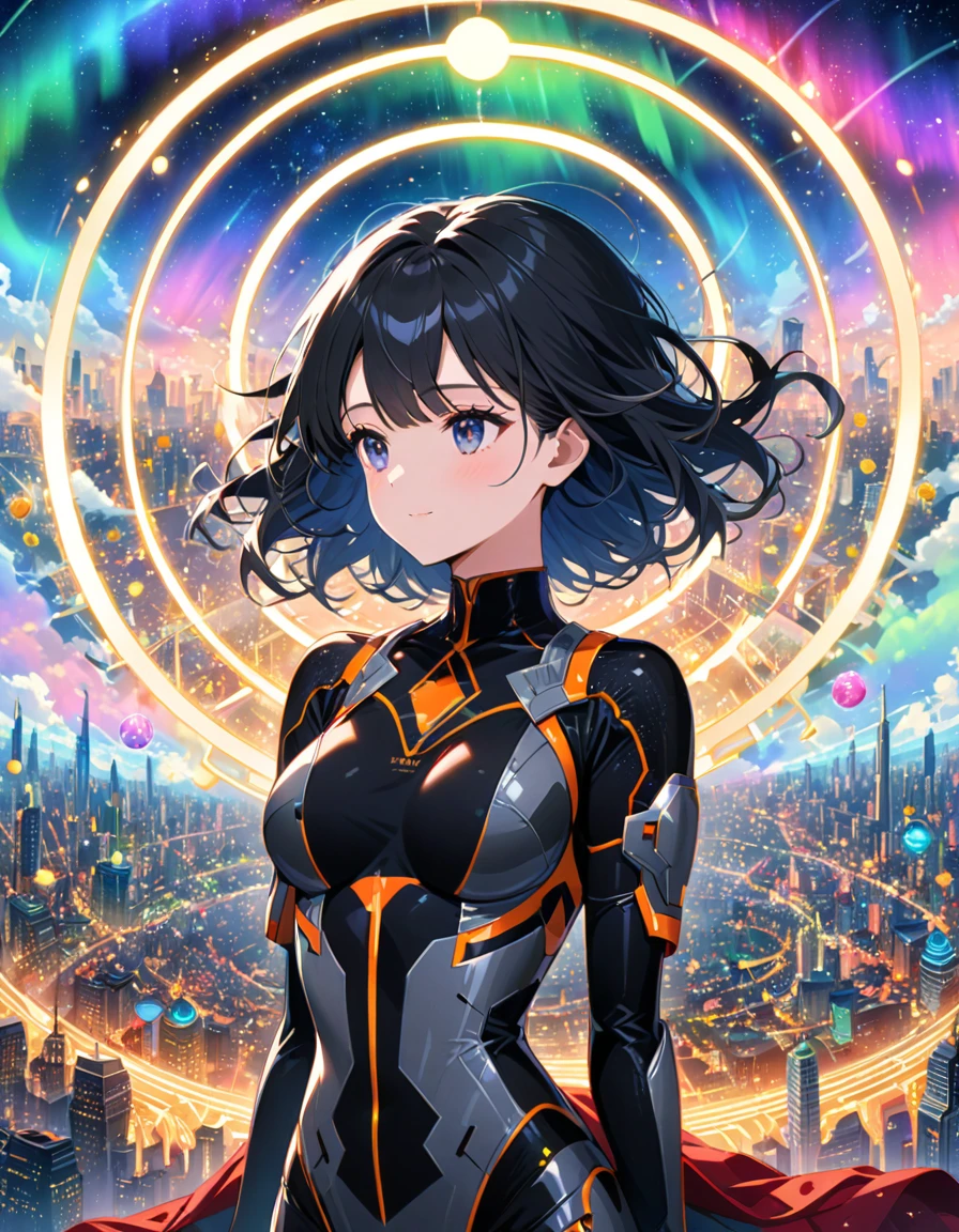 There is a girl with graceful black hair. The universe behind her shines with rich colors, and the celestial sphere, colored with its dots, is the gateway to purgatory. She is clad in mechanical vestments, and a huge halo of aurora borealis floats on her back. The symmetrical composition is probably a remnant of mandalas. She is floating alone in the sky above a futuristic city.