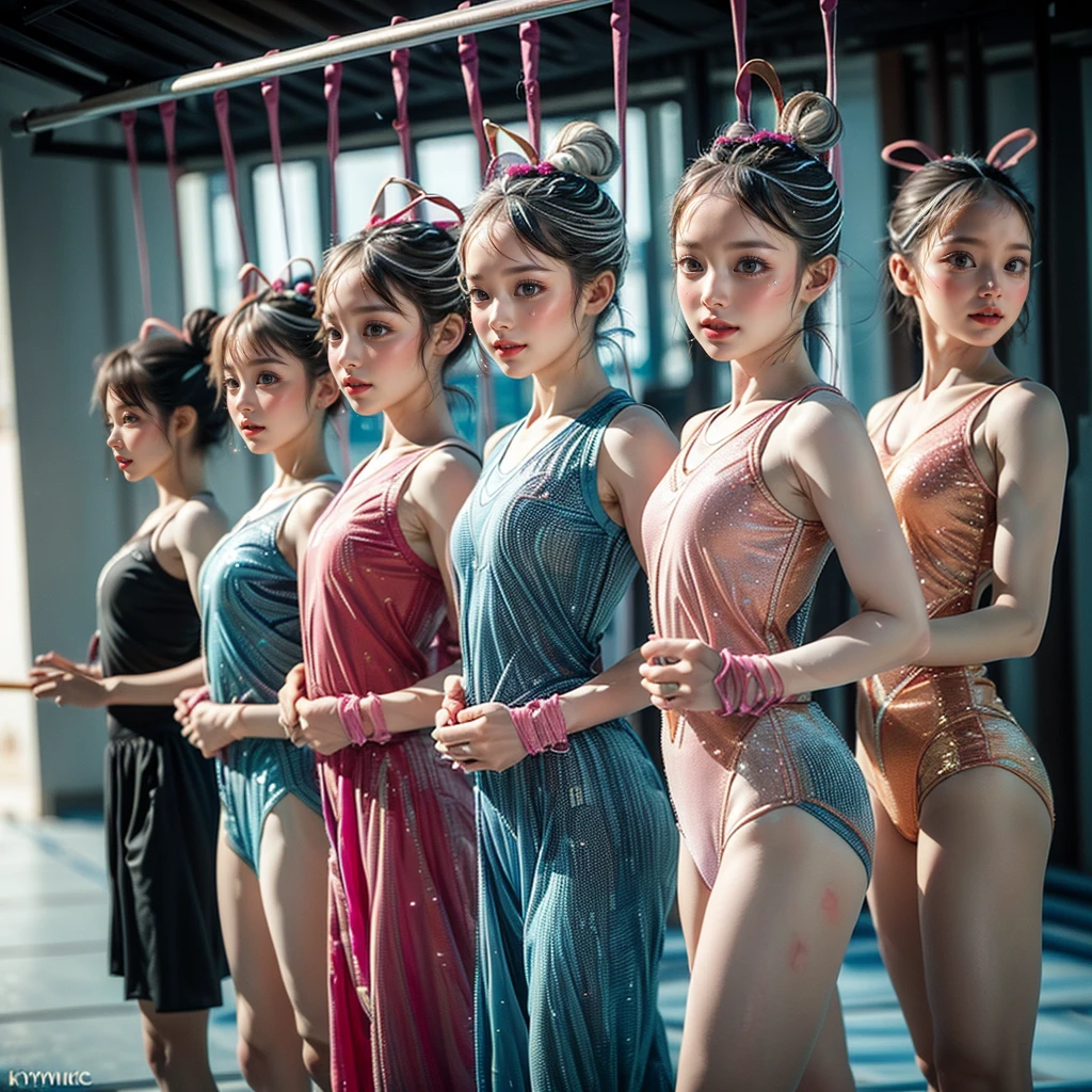 ExtremelyDetailed (((Rhythmic Gymnastics Team Kawaii Kids in a row:1.4))), Childish perfect face, Reflective Eyes, Detailed(Delicate Clothing textures), Corrected Leg to Foot Line, Corrected Childish Hand, Dynamic Joyful Expressions LifeLike Rendering, ((Specular Reflection:0.8)), TopQuality 8K Ultra-detailed masterpiece (ProfessionalPhoto:1.37)(Acutance:0.8),(Luminism:1.28), facing away (from side ) Assfocus