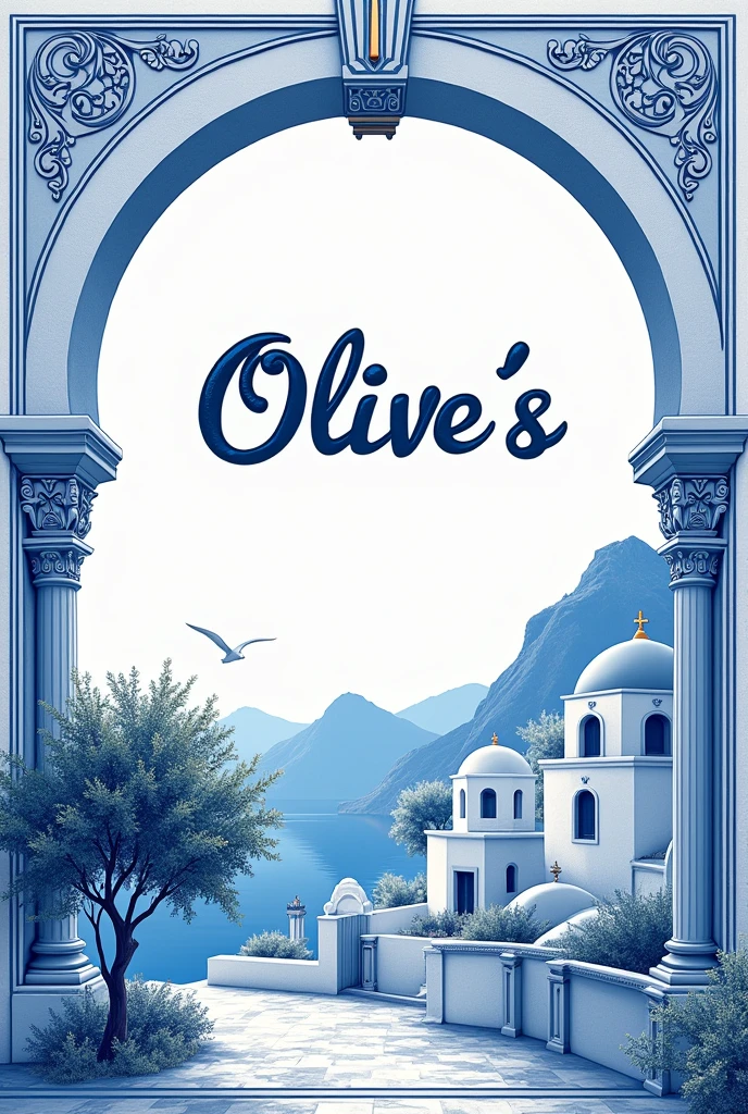 Make a cover for a restaurant menu called Olive's with elaborate blue and white Greek style