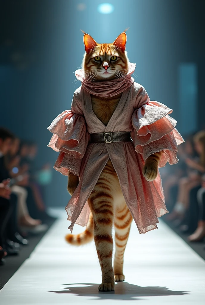 A beautiful cat cloth cutting salting different different rane standup walking down the runaway at a fashion show,