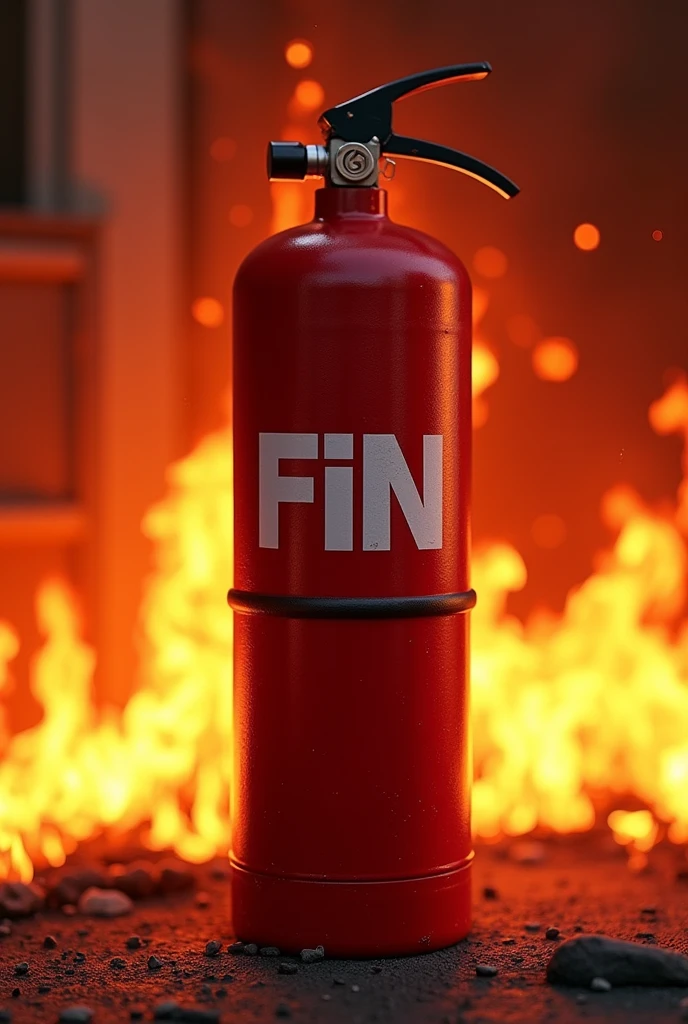 Red fire extinguisher with fire background, in the center that says fuconplag in large white letters