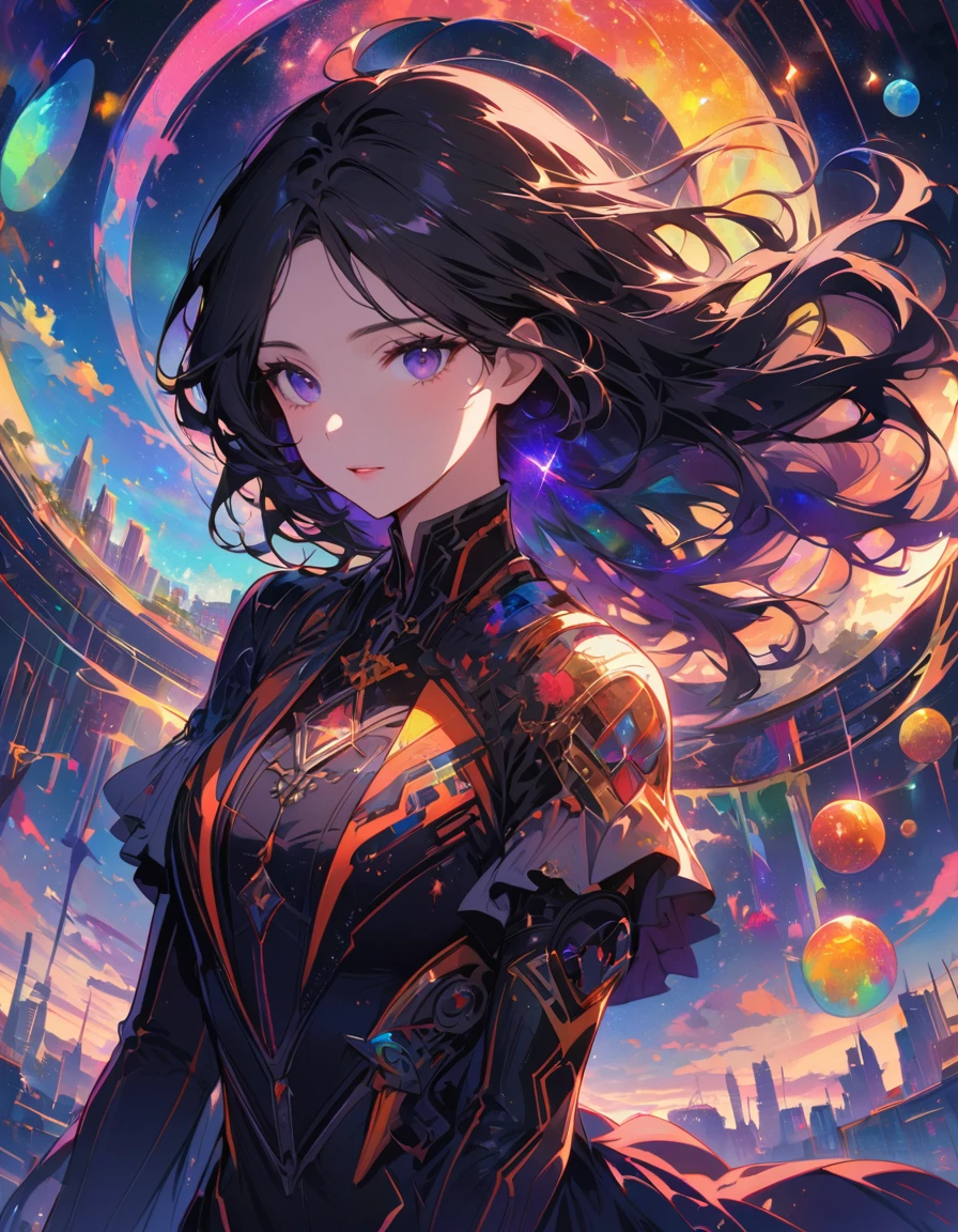 There is a girl with graceful black hair. The universe behind her shines with rich colors, and the celestial sphere, colored with its dots, is the gateway to purgatory. She is clad in mechanical vestments, and a huge halo of aurora borealis floats on her back. The symmetrical composition is probably a remnant of mandalas. She is floating alone in the sky above a futuristic city.