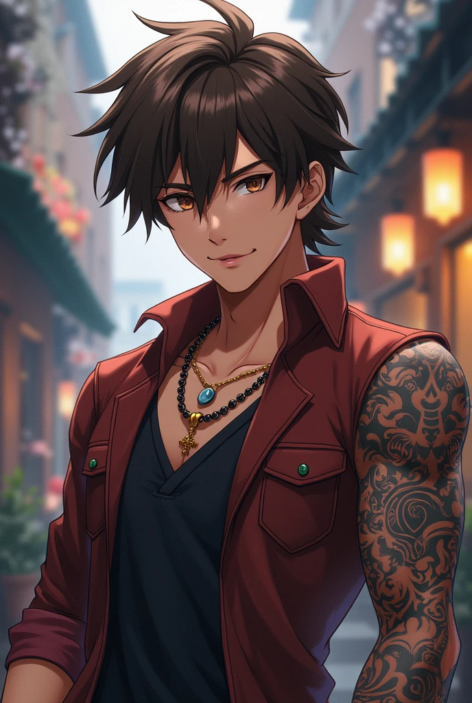 Anime style character with brown hair and eyes, beard and tattoo on one arm