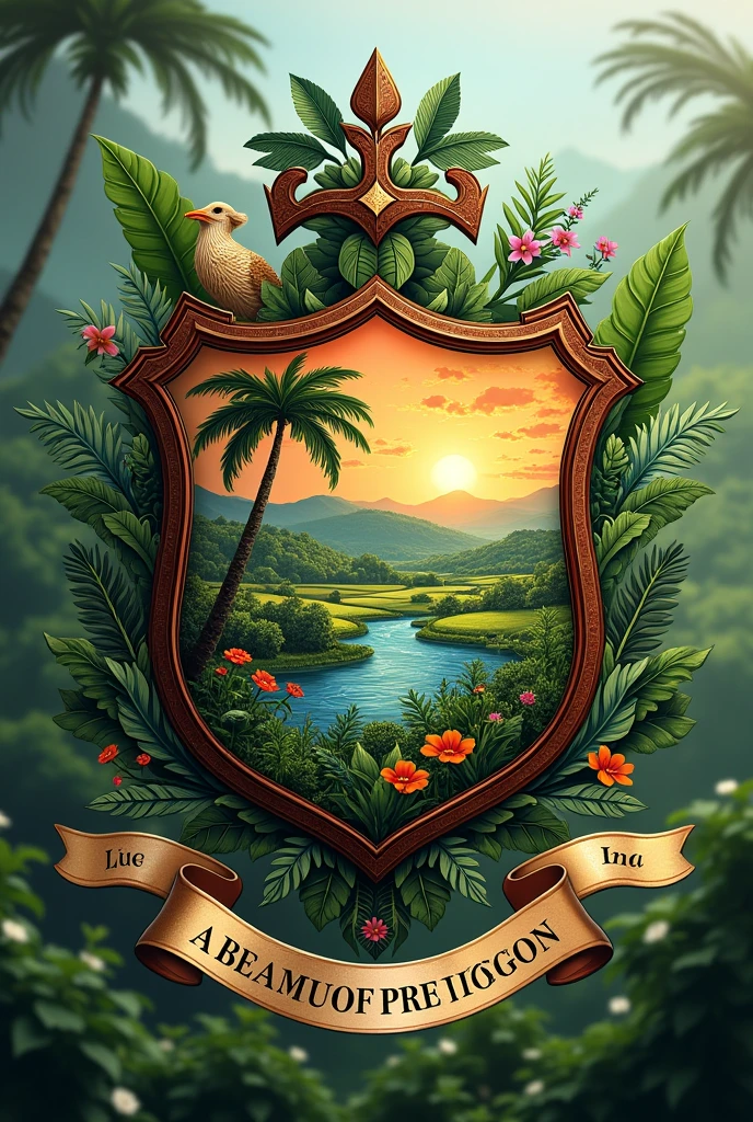 Coat of arms of a flag in the shape of a shield, with river,Pisces, bird, palm tree, banana tree and farms. With a stripe underneath, to write something!