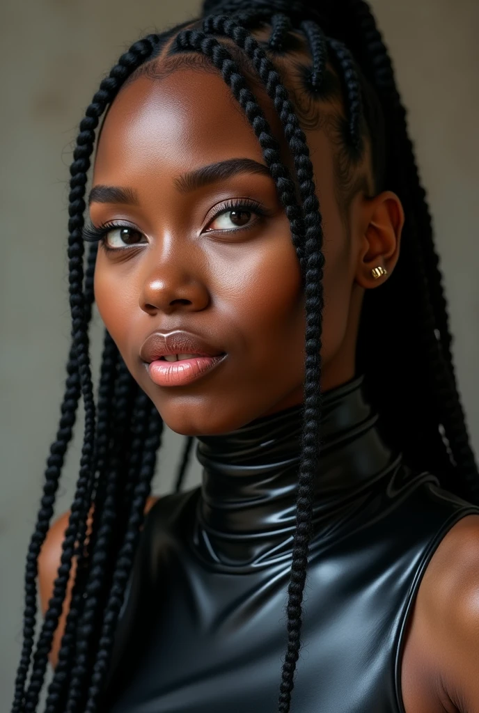 young congolese woman, latex pvc bodysuit, thick collar, cornrows, multiple braids, naughty face, naughty, close-up, UHD, retina, masterpiece, accurate, anatomically correct, textured skin, super detail, high details, high quality, award winning, best quality, highres, 16k
