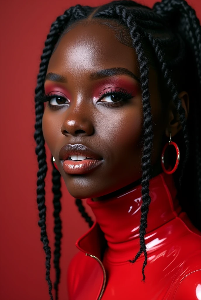 young congolese woman, latex pvc bodysuit, thick collar, cornrows, multiple braids, naughty face, naughty, close-up, UHD, retina, masterpiece, accurate, anatomically correct, textured skin, super detail, high details, high quality, award winning, best quality, highres, 16k