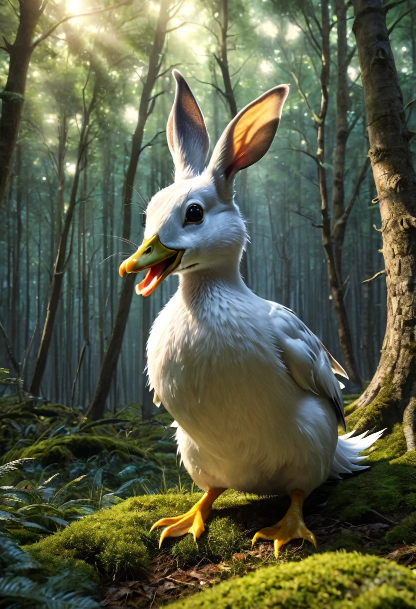 a surreal Wolpertinger, Hybrid creature made of duck, Deule and mouse in a forest clearing, (best quality,4K,8k,highres,​masterpiece:1.2),Ultra-detail,(Realists,photoRealists,photo-Realists:1.37),elaborate details,cinematic lighting,The Fantasy,Digital Drawing,surreal,Very detailed,Film composition,keen focus,photoRealists,hyperRealists,mystical,Ethereal,fantastic,exhilarated,noticeable,dream-like,conceptual,imaginative