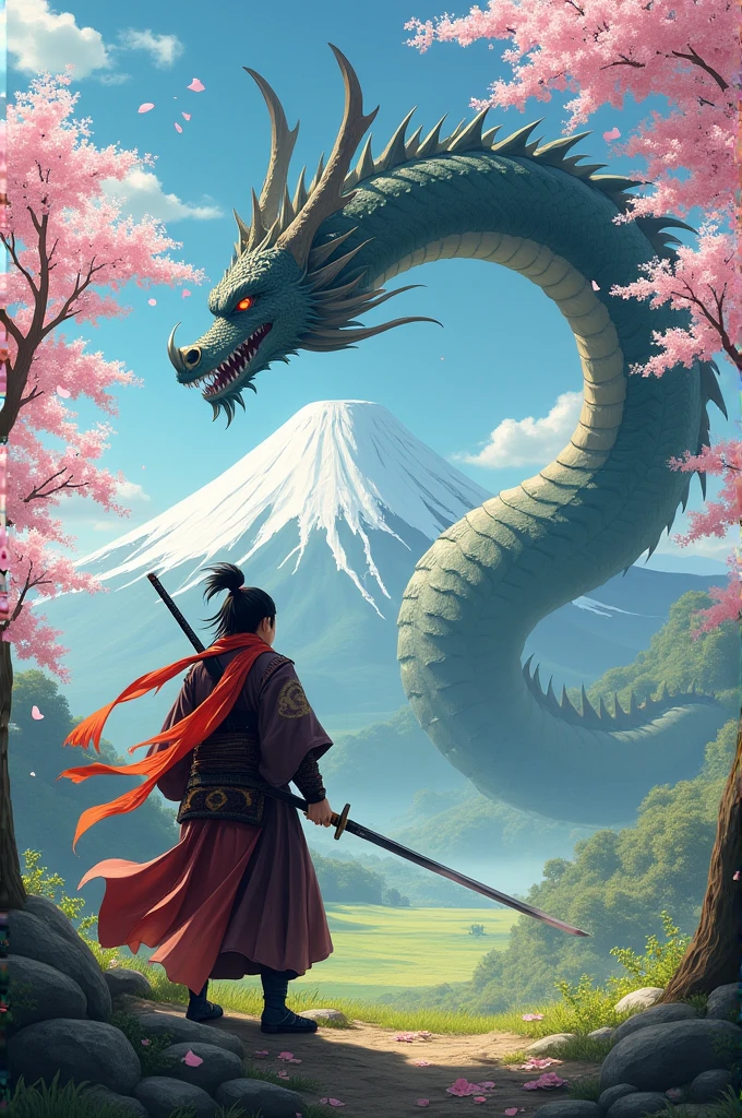 A Japanese style art with a sakura forest, a green field, a large mountain with snow on top. In the background, a samurai holding a katana and wearing a red scarf is facing a large dragon. The sky is clear and sakura petals are flying in this battle.