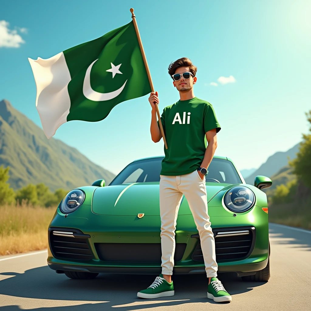 Create an image featuring a 20 year white boy
standing with the hood of a pakistani flag new car having side view,with Pakistan’s scenic background. He’s holding a big flag celebrating Pakistan’s 14th August. The boy wears a green T-shirt with ‘Ali’ printed on it, white pants, green shoes and sunglasses.