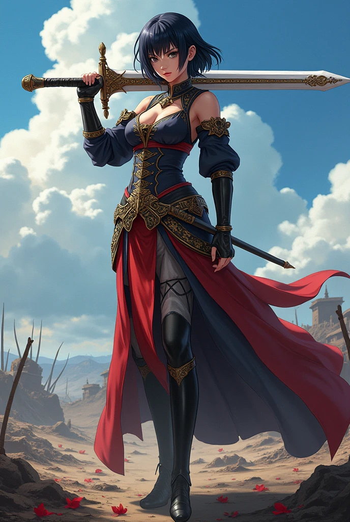 Create an Image of a woman with short black hair in anime style with an angry face 1.80 meters in medieval clothing and holding a large sword larger than her resting on her shoulder on a battlefield