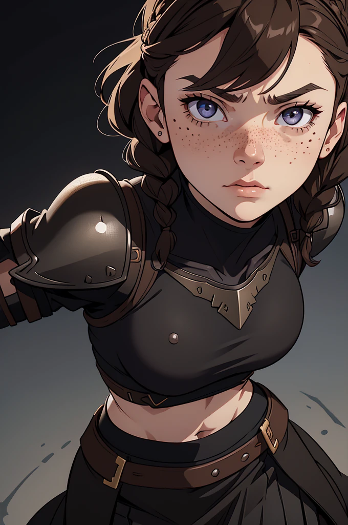 girl, frontal position, close up, sharp eyes, freckles, scared, brown hair, braids, blood, black armor, black breastplate, black shirt, compression shirt, black skirt, long skirt, best quality, expressive eyes, perfect face, masterpiece, 4K, 8K