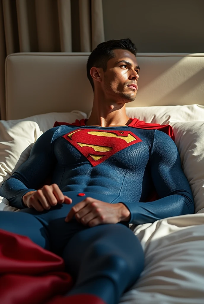 Cr7, superman suit, lying on a bed, ASS