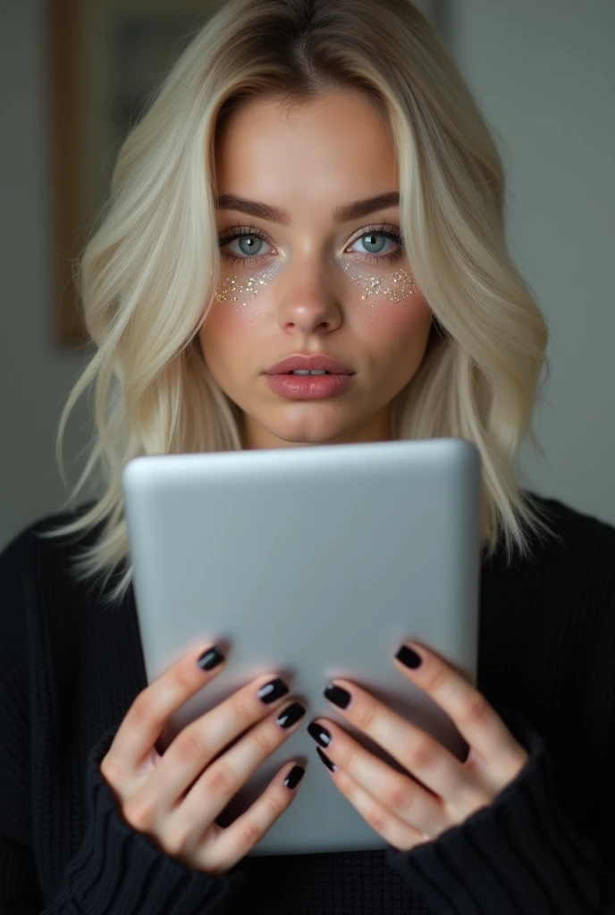 beautiful white-skinned girl, medium light hair, with bright sparkling eyes, long eyelashes, plump lips, glitter and rhinestones, shiny skin, beautiful black manicure, beautiful fingernails, pearl skin, holding a laptop in her hands, in a black sweater, beautiful detailed fingers, professional photo, 4k, high resolution, high detail, aesthetically pleasing, beautiful, realistic, looking straight ahead