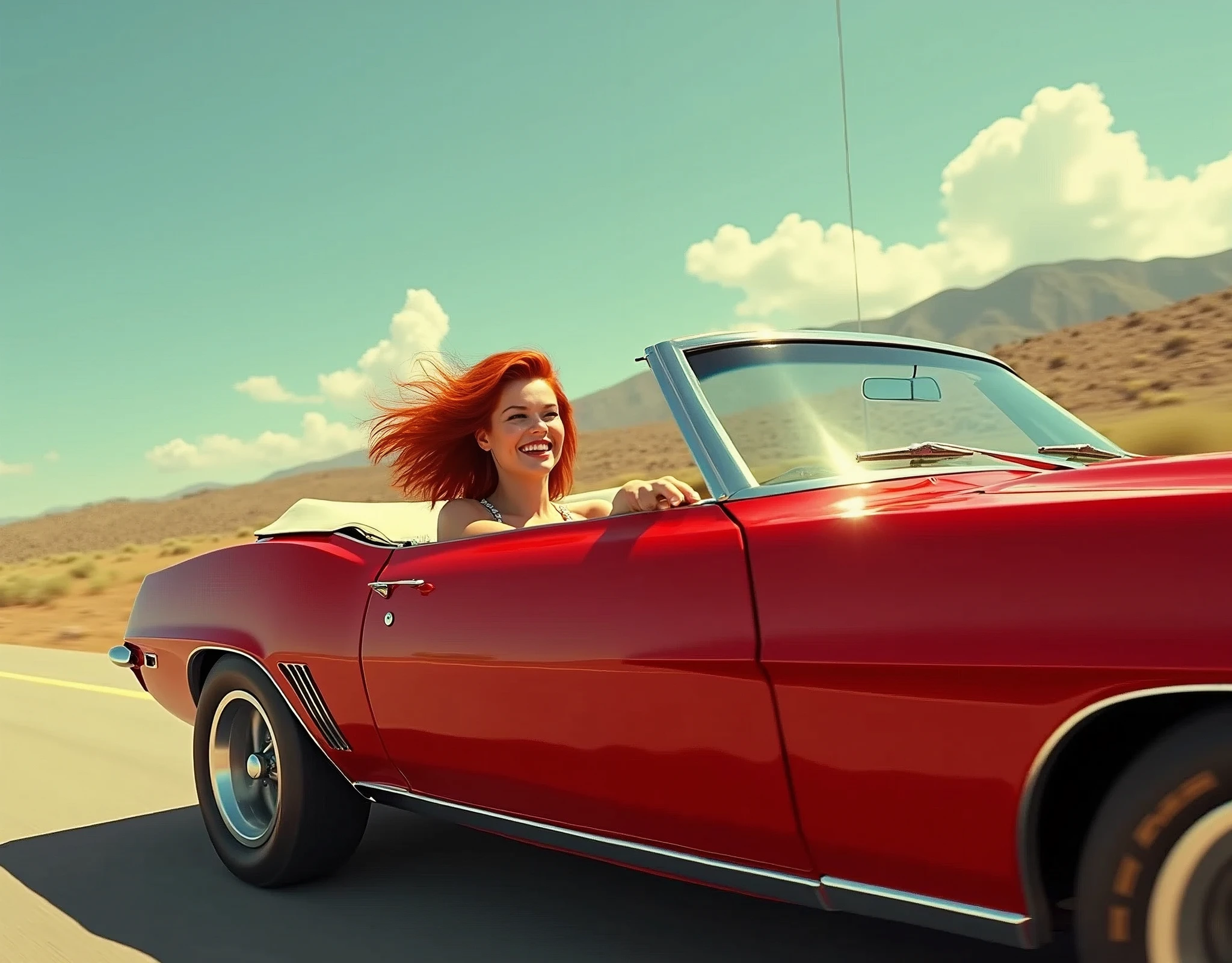 A cinematic wide-angle shot captures a ravishing redheaded pin-up girl behind the driver's wheel driving a gleaming 1969 firebird 400 convertible as it speeds down the road. She exudes joy as her red hair flies in the wind as she speeds down the highway. The red Firebird' gleams intensely in the retina-searing sunlight, every detail - from the gleaming wheels to the sculpted fenders - a testament to masterful realism., Hyperrealism, high detail, retina, masterpiece, accurate, anatomically correct, textured skin, super detail, high quality, award winning, highres, 4K, 8k, 16k