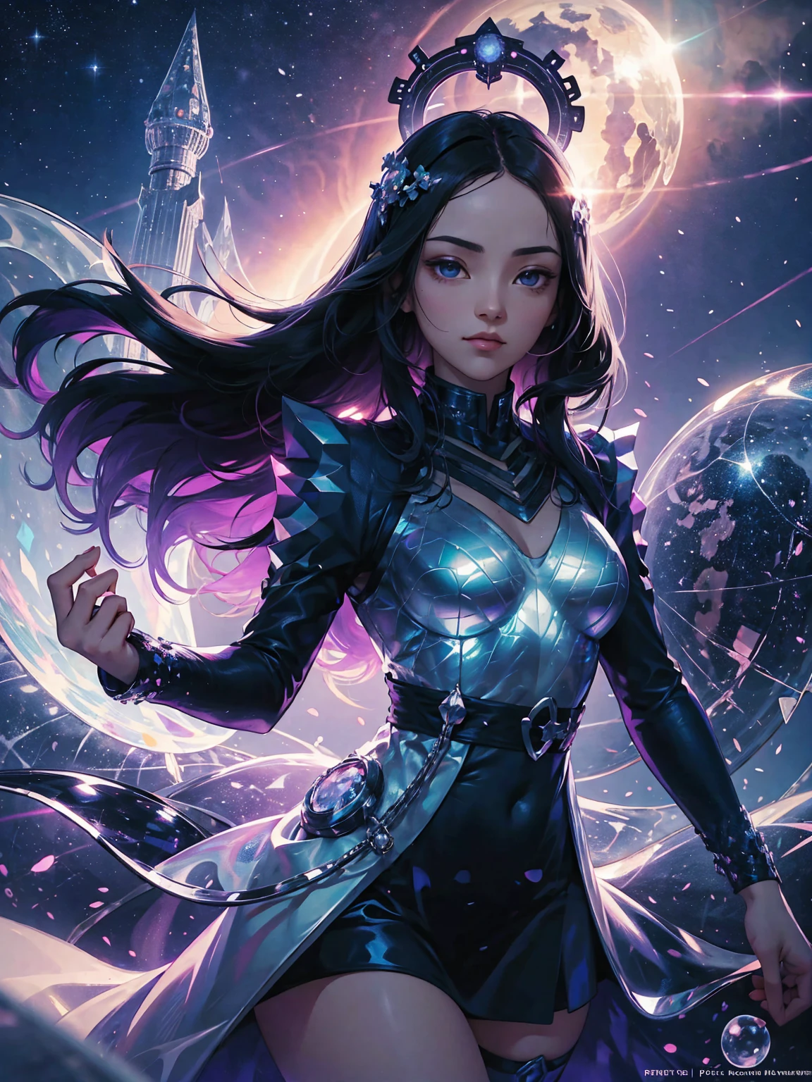 There is a girl with graceful black hair. The universe behind her shines with rich colors, and the celestial sphere, colored with its dots, is the gateway to purgatory. She is clad in mechanical vestments, and a huge halo of aurora borealis floats on her back. The symmetrical composition is probably a remnant of mandalas. She is floating alone in the sky above a futuristic city.