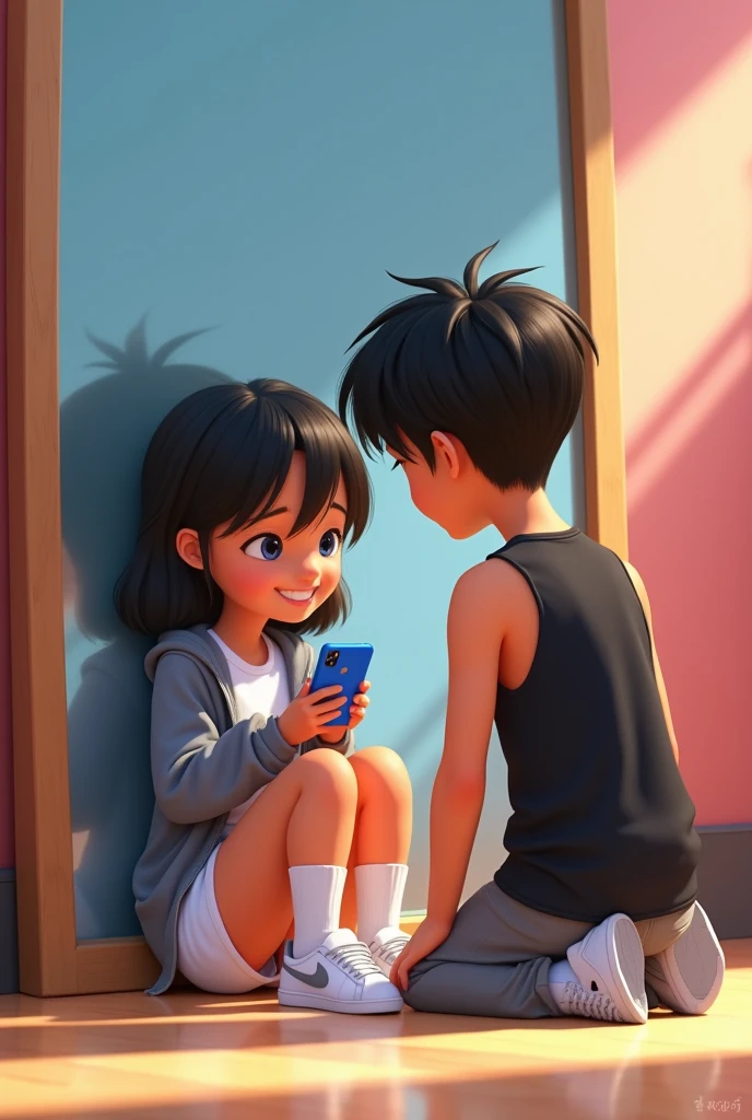 Pixar style image, where a girl appears sitting on the floor in white shorts, white Nike tennis shoes, long white socks, gray jacket , and with an iPhone cell phone with a blue case, On the left side a boy with a black sleeveless shirt, pants gris, black hair, both together in front of a gym mirror