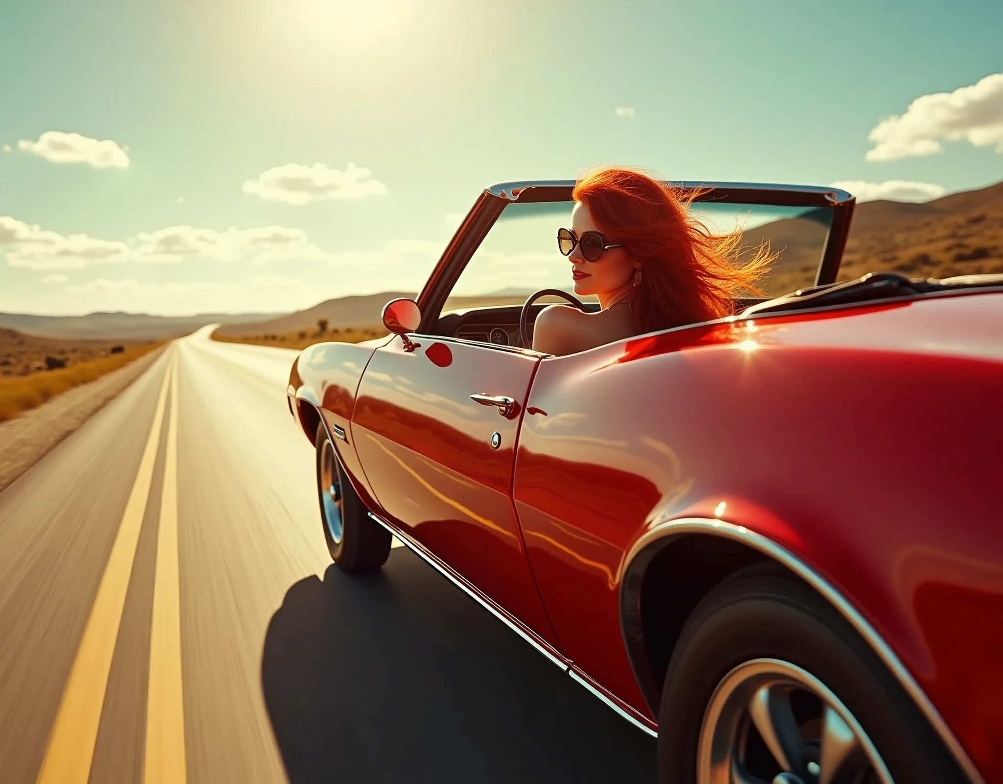 A cinematic wide-angle shot captures a ravishing redheaded pin-up girl behind the driver's wheel driving a gleaming 1969 firebird 400 convertible as it speeds down the road. She exudes joy as her red hair flies in the wind as she speeds down the highway. The red Firebird' gleams intensely in the retina-searing sunlight, every detail - from the gleaming wheels to the sculpted fenders - a testament to masterful realism., Hyperrealism, high detail, retina, masterpiece, accurate, anatomically correct, textured skin, super detail, high quality, award winning, highres, 4K, 8k, 16k