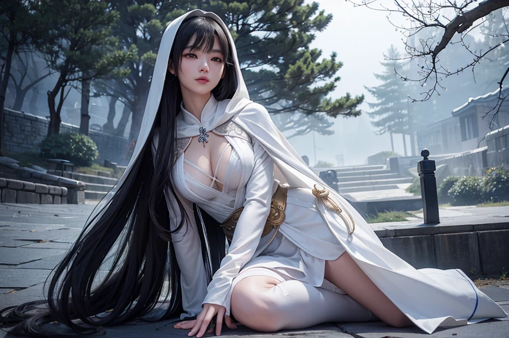 Vividly drawn, ultra-detailed trendy anime character from South Korea, a mysterious woman with a hooded modern white coat adorned with elegant buttons and a flowing white cloak. She wears strikingly high white over-the-knee heels and pristine white gloves. Beneath her large sleeves, a hidden small secret blade is revealed, emerging discreetly from her wrist. She stands in a medieval South Korean village in the summer, at night, under the rain. She is walking gracefully on a high branch of a tree above a deep void,
slit the throat of a person . The scene is rich with intricate detail, featuring incredible texture and depth. Masterfully crafted, with HDR and UHD quality, rendered with Unreal Engine. Her face is beautifully detailed, and the overall image is of the highest quality, captivating and gorgeous. Stunning shadows and meticulously detailed lines contribute to the super detailed, breathtaking 8k masterpiece,anime photorealistique .