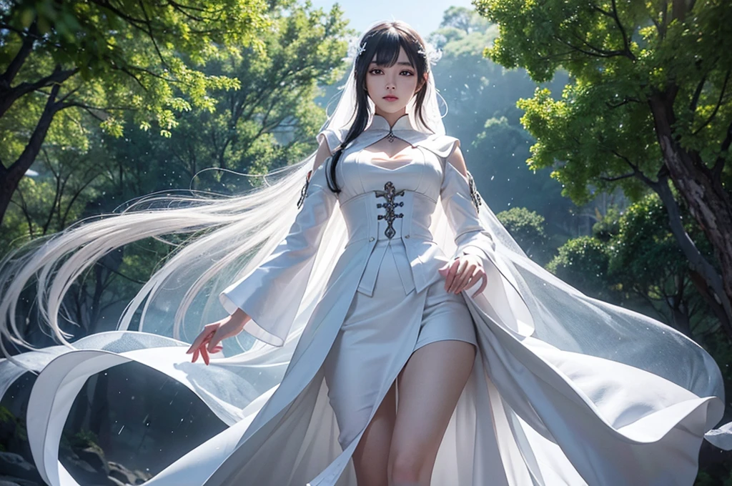 Vividly drawn, ultra-detailed trendy anime character from South Korea, a mysterious woman with a hooded modern white coat adorned with elegant buttons and a flowing white cloak. She wears strikingly high white over-the-knee heels and pristine white gloves. Beneath her large sleeves, a hidden small secret blade is revealed, emerging discreetly from her wrist. She stands in a medieval South Korean village in the summer, at night, under the rain. She is walking gracefully on a high branch of a tree above a deep void,
slit the throat of a person . The scene is rich with intricate detail, featuring incredible texture and depth. Masterfully crafted, with HDR and UHD quality, rendered with Unreal Engine. Her face is beautifully detailed, and the overall image is of the highest quality, captivating and gorgeous. Stunning shadows and meticulously detailed lines contribute to the super detailed, breathtaking 8k masterpiece,anime photorealistique .