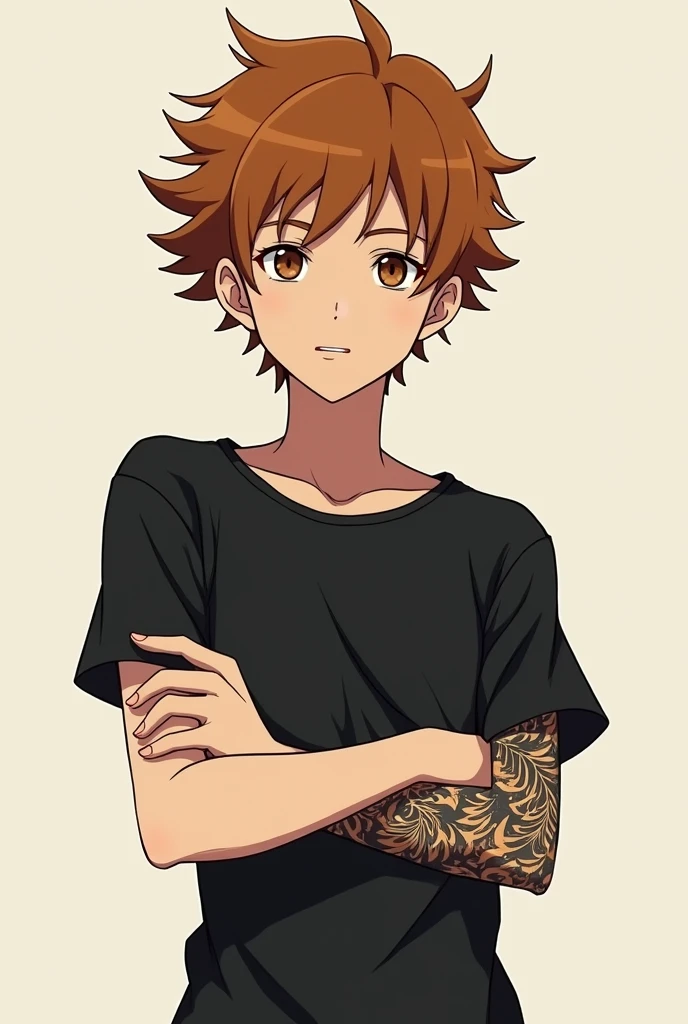Anime style character, thin, brown hair and eyes, black shirt beard and tattoo on one arm