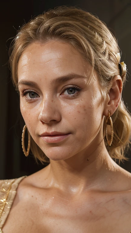 masterpiece, photorealistic, close up face portrait, 1 lady, alluring woman, smiling wistfully, blonde,  sofisticated, jewelery, necklace ,  earings, piercings, young beautiful, cute freckles, realistic skin textures, skin imperfections, twin braids, young girl, freckled,blonde, freckled pale skin, anna nikonova aka newmilky, lacey