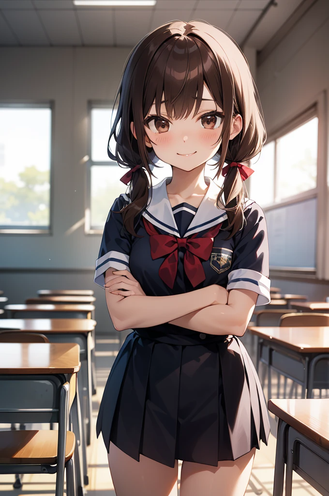 masterpiece,best quality,marui mitsuba,brown eyes,brown hair,hair ribbon,short twintails,smirk,crossed arms,school uniform,classroom,mitsudomoe \(shape\),miniskirt