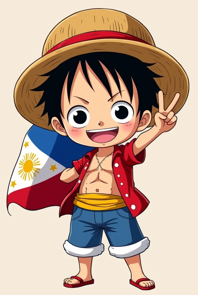 chibi Luffy with a peace sign and wearing Philippine flag with a peace sign